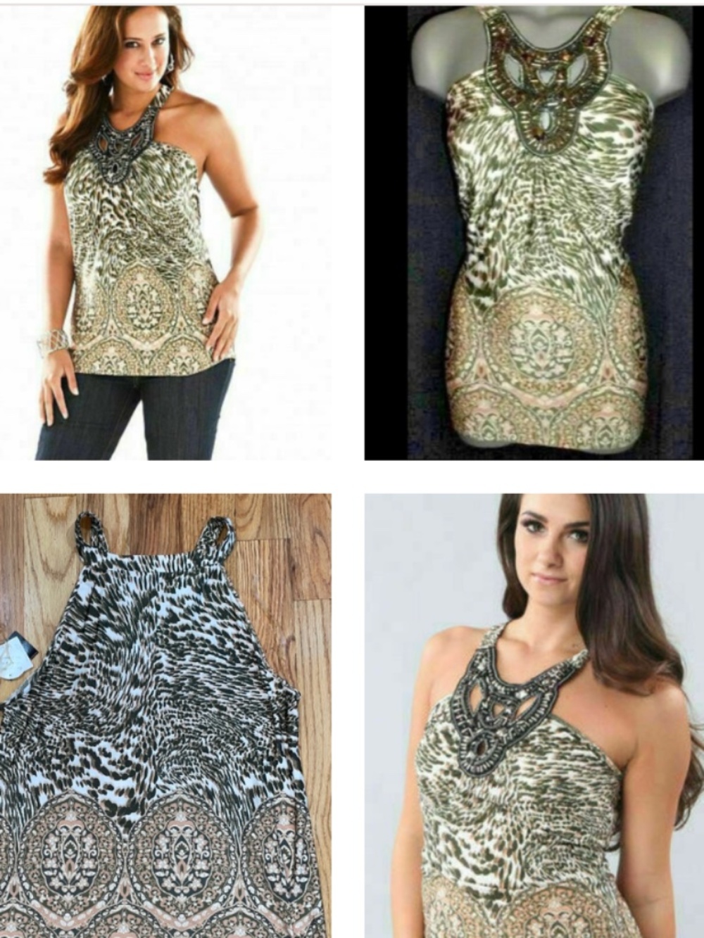 Beaded Halter Animal Print Tank Top - Olive Green